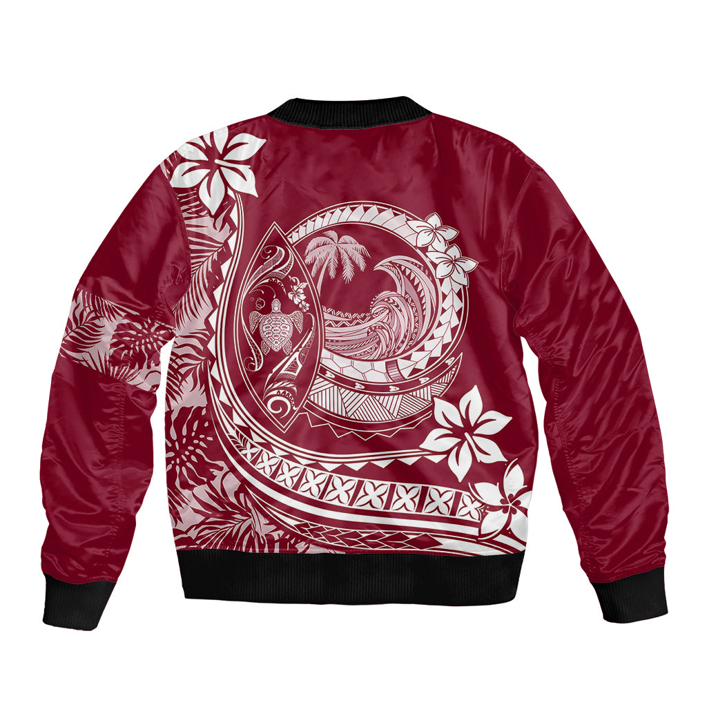 Polynesian Plumeria Sleeve Zip Bomber Jacket Ride The Waves - Burgundy - Wonder Print Shop