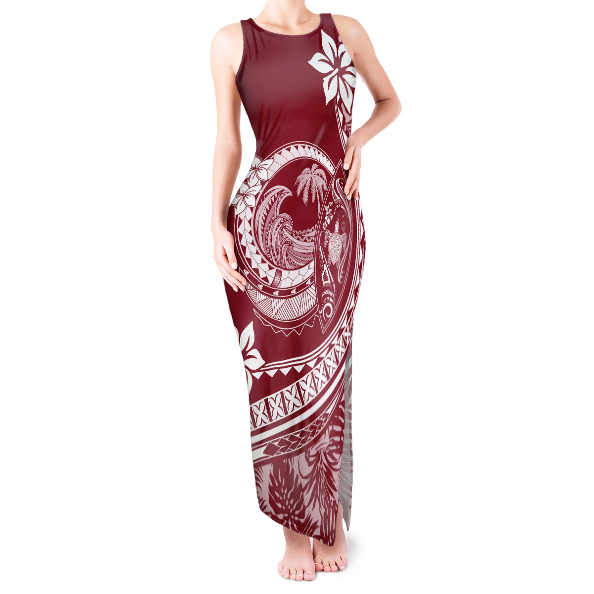 Polynesian Plumeria Tank Maxi Dress Ride The Waves - Burgundy - Wonder Print Shop