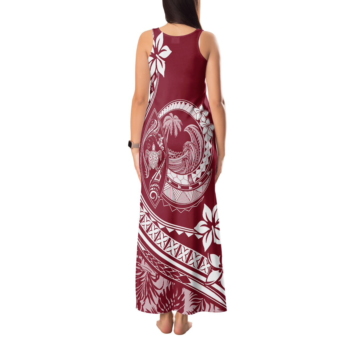 Polynesian Plumeria Tank Maxi Dress Ride The Waves - Burgundy - Wonder Print Shop