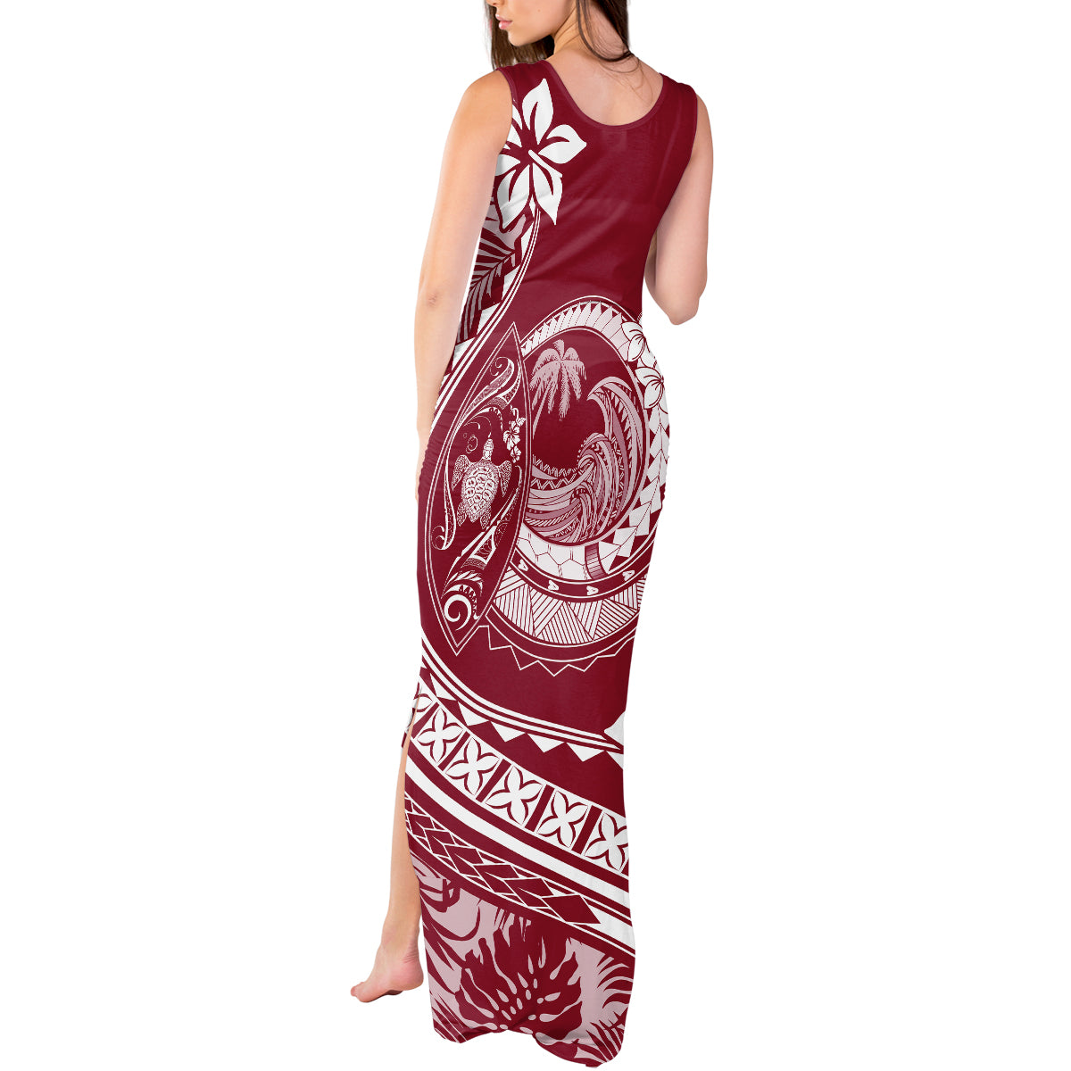 Polynesian Plumeria Tank Maxi Dress Ride The Waves - Burgundy - Wonder Print Shop