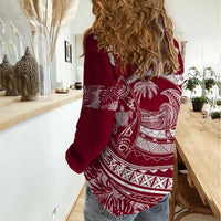 Polynesian Plumeria Women Casual Shirt Ride The Waves - Burgundy - Wonder Print Shop