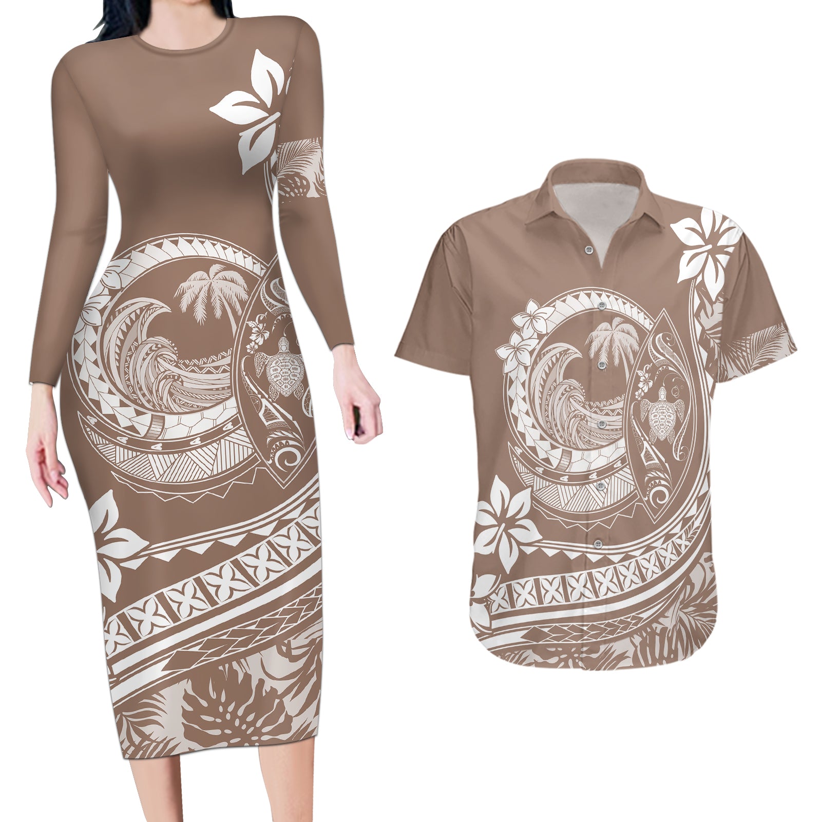 Polynesian Plumeria Couples Matching Long Sleeve Bodycon Dress and Hawaiian Shirt Ride The Waves - Beige LT7 - Wonder Print Shop