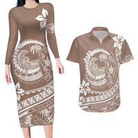 Polynesian Plumeria Couples Matching Long Sleeve Bodycon Dress and Hawaiian Shirt Ride The Waves - Beige LT7 - Wonder Print Shop