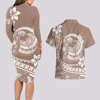 Polynesian Plumeria Couples Matching Long Sleeve Bodycon Dress and Hawaiian Shirt Ride The Waves - Beige LT7 - Wonder Print Shop