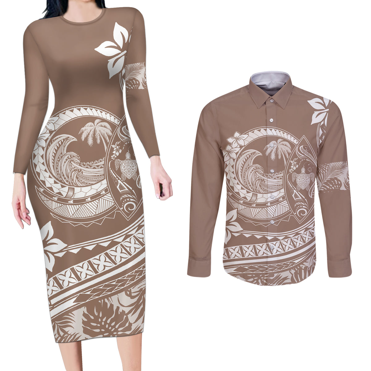 Polynesian Plumeria Couples Matching Long Sleeve Bodycon Dress and Long Sleeve Button Shirts Ride The Waves - Beige LT7 - Wonder Print Shop