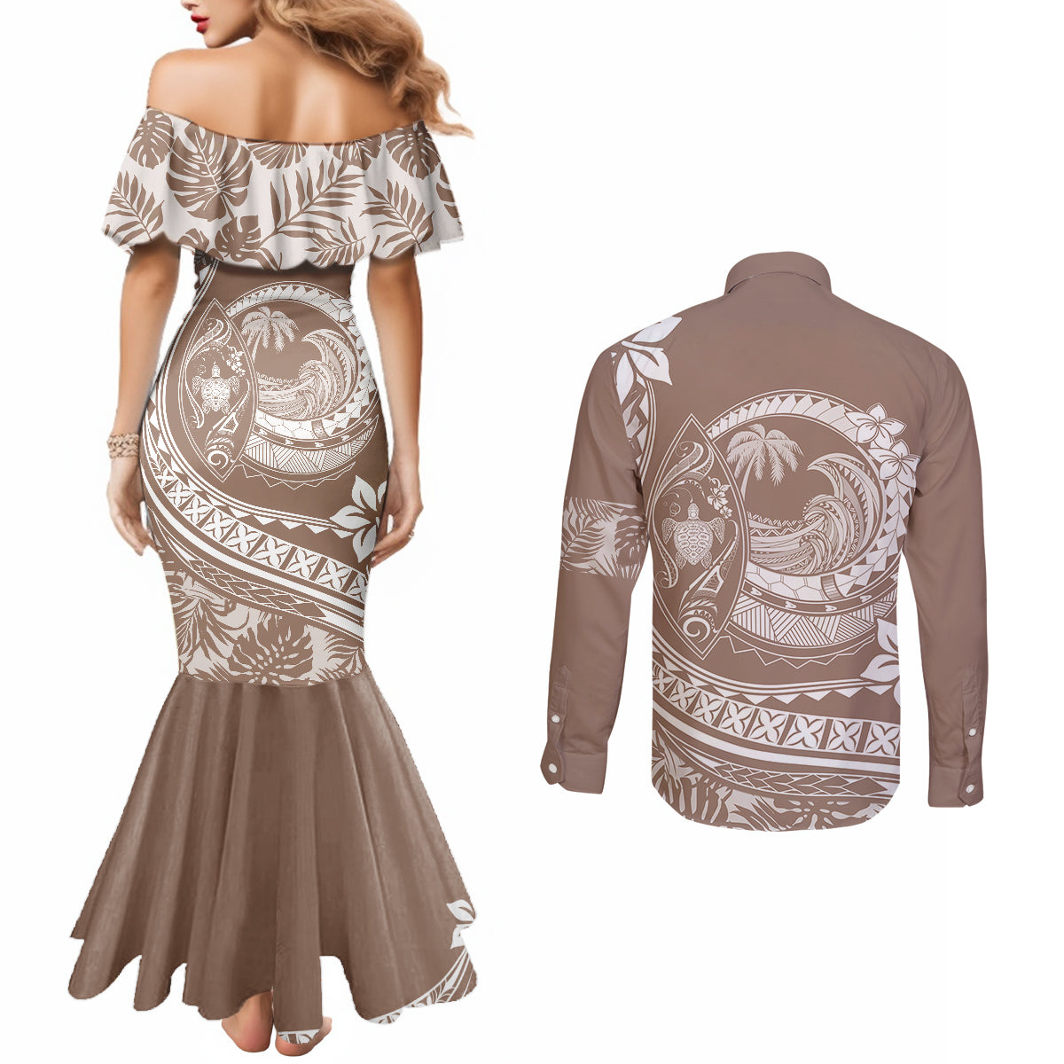 polynesian-plumeria-couples-matching-mermaid-dress-and-long-sleeve-button-shirts-ride-the-waves-beige