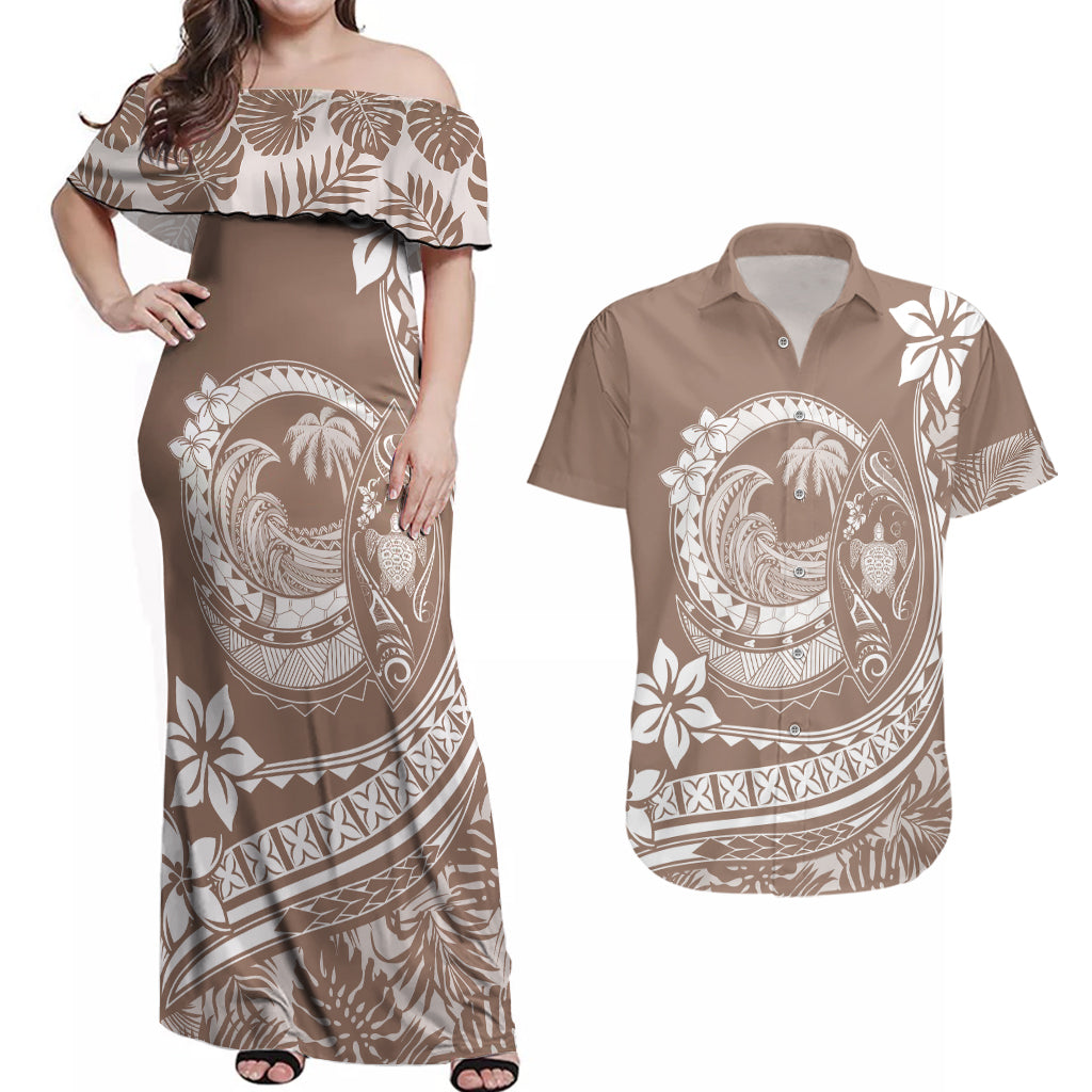 Polynesian Plumeria Couples Matching Off Shoulder Maxi Dress and Hawaiian Shirt Ride The Waves - Beige LT7 - Wonder Print Shop