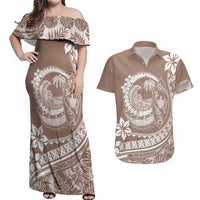 Polynesian Plumeria Couples Matching Off Shoulder Maxi Dress and Hawaiian Shirt Ride The Waves - Beige LT7 - Wonder Print Shop