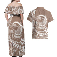 Polynesian Plumeria Couples Matching Off Shoulder Maxi Dress and Hawaiian Shirt Ride The Waves - Beige LT7 - Wonder Print Shop