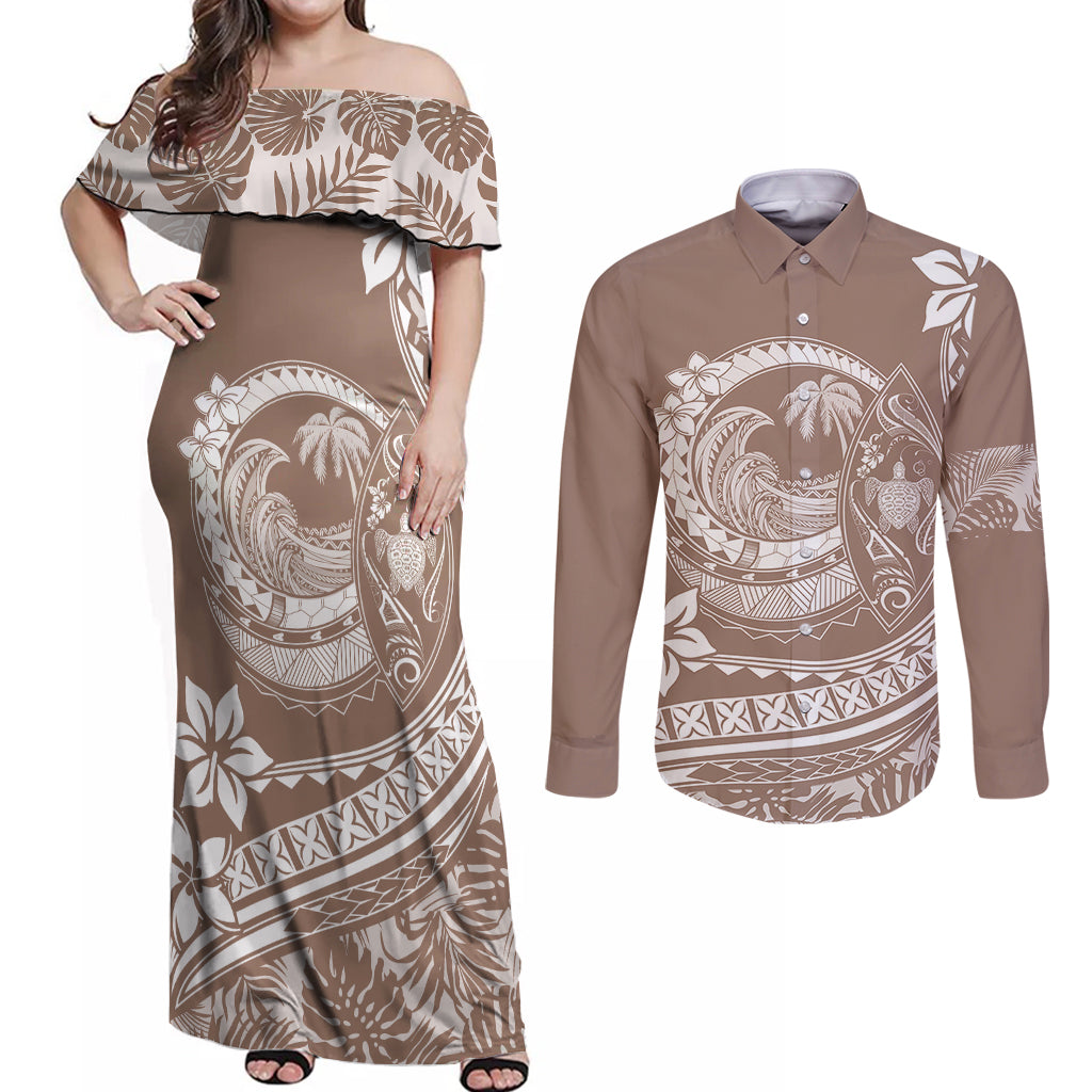 Polynesian Plumeria Couples Matching Off Shoulder Maxi Dress and Long Sleeve Button Shirts Ride The Waves - Beige LT7 - Wonder Print Shop