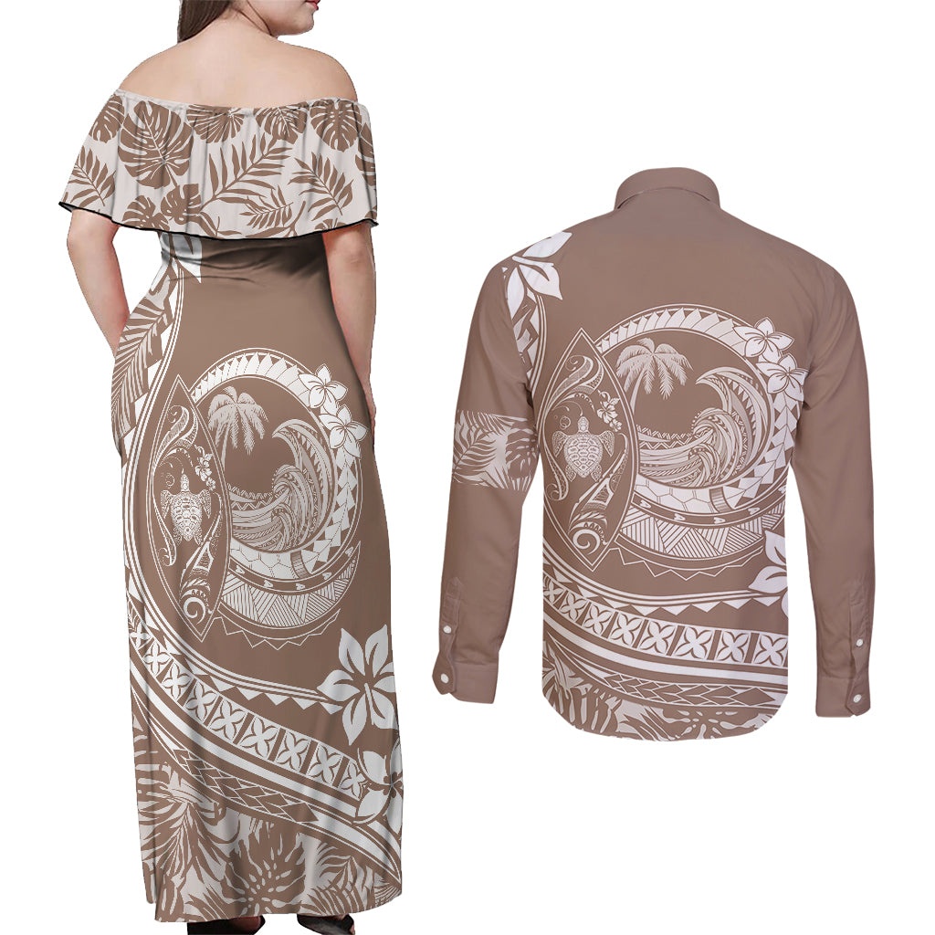Polynesian Plumeria Couples Matching Off Shoulder Maxi Dress and Long Sleeve Button Shirts Ride The Waves - Beige LT7 - Wonder Print Shop