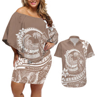 Polynesian Plumeria Couples Matching Off Shoulder Short Dress and Hawaiian Shirt Ride The Waves - Beige LT7 - Wonder Print Shop