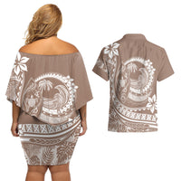 Polynesian Plumeria Couples Matching Off Shoulder Short Dress and Hawaiian Shirt Ride The Waves - Beige LT7 - Wonder Print Shop