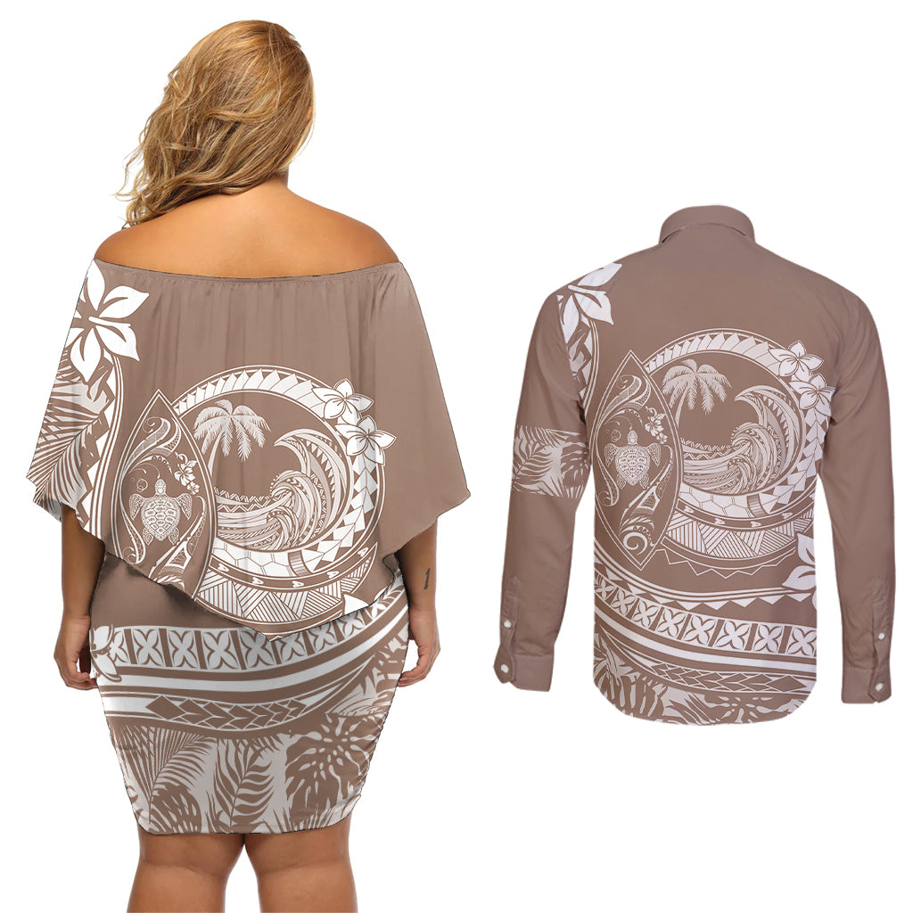 Polynesian Plumeria Couples Matching Off Shoulder Short Dress and Long Sleeve Button Shirts Ride The Waves - Beige LT7 - Wonder Print Shop