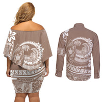Polynesian Plumeria Couples Matching Off Shoulder Short Dress and Long Sleeve Button Shirts Ride The Waves - Beige LT7 - Wonder Print Shop