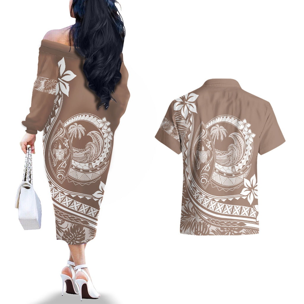 Polynesian Plumeria Couples Matching Off The Shoulder Long Sleeve Dress and Hawaiian Shirt Ride The Waves - Beige LT7 - Wonder Print Shop
