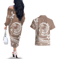 Polynesian Plumeria Couples Matching Off The Shoulder Long Sleeve Dress and Hawaiian Shirt Ride The Waves - Beige LT7 - Wonder Print Shop