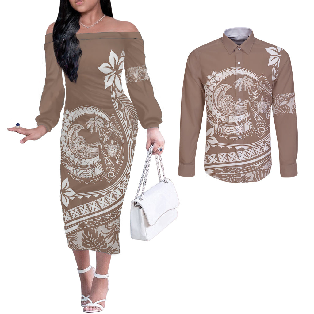 polynesian-plumeria-couples-matching-off-the-shoulder-long-sleeve-dress-and-long-sleeve-button-shirts-ride-the-waves-beige