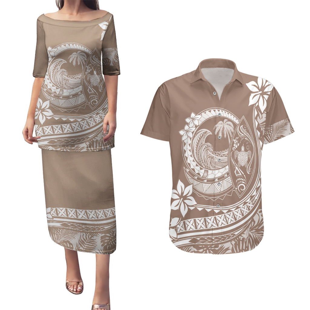 Polynesian Plumeria Couples Matching Puletasi Dress and Hawaiian Shirt Ride The Waves - Beige LT7 - Wonder Print Shop