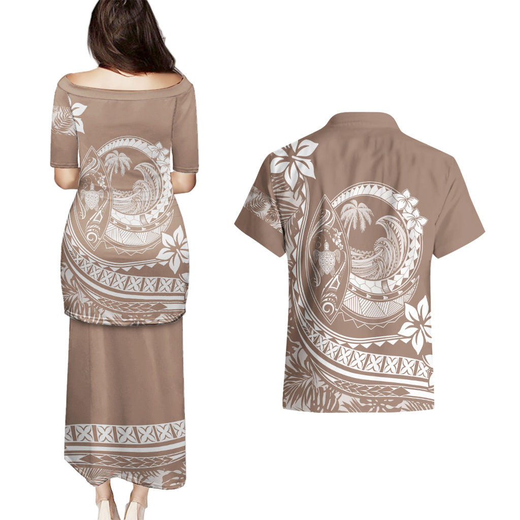 Polynesian Plumeria Couples Matching Puletasi Dress and Hawaiian Shirt Ride The Waves - Beige LT7 - Wonder Print Shop