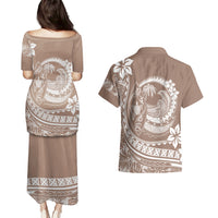 Polynesian Plumeria Couples Matching Puletasi Dress and Hawaiian Shirt Ride The Waves - Beige LT7 - Wonder Print Shop