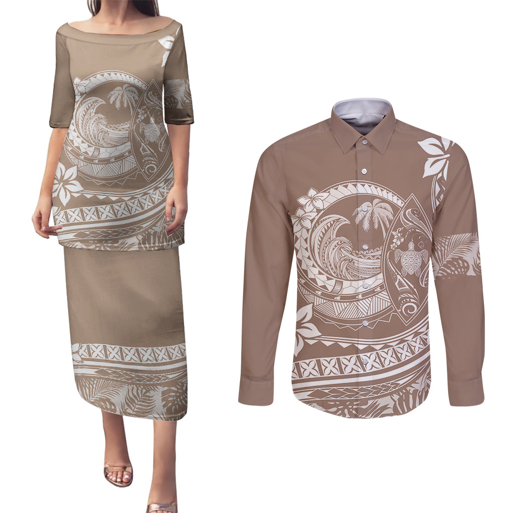 Polynesian Plumeria Couples Matching Puletasi Dress and Long Sleeve Button Shirts Ride The Waves - Beige LT7 - Wonder Print Shop