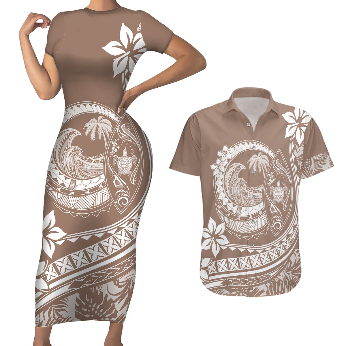Polynesian Plumeria Couples Matching Short Sleeve Bodycon Dress and Hawaiian Shirt Ride The Waves - Beige LT7 - Wonder Print Shop