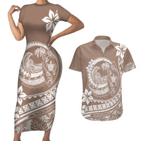 Polynesian Plumeria Couples Matching Short Sleeve Bodycon Dress and Hawaiian Shirt Ride The Waves - Beige LT7 - Wonder Print Shop