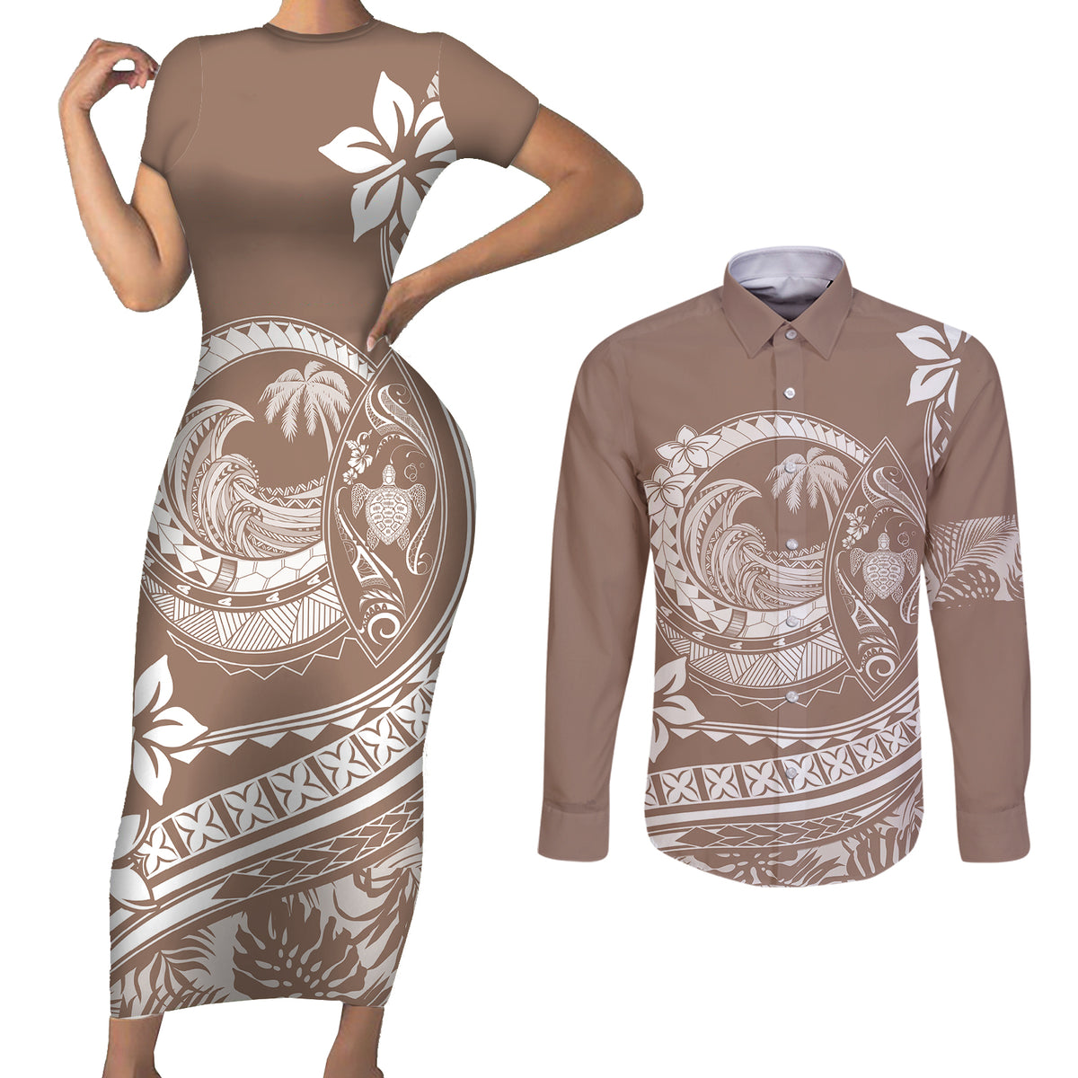 Polynesian Plumeria Couples Matching Short Sleeve Bodycon Dress and Long Sleeve Button Shirts Ride The Waves - Beige LT7 - Wonder Print Shop