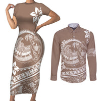 Polynesian Plumeria Couples Matching Short Sleeve Bodycon Dress and Long Sleeve Button Shirts Ride The Waves - Beige LT7 - Wonder Print Shop
