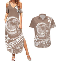 Polynesian Plumeria Couples Matching Summer Maxi Dress and Hawaiian Shirt Ride The Waves - Beige LT7 - Wonder Print Shop