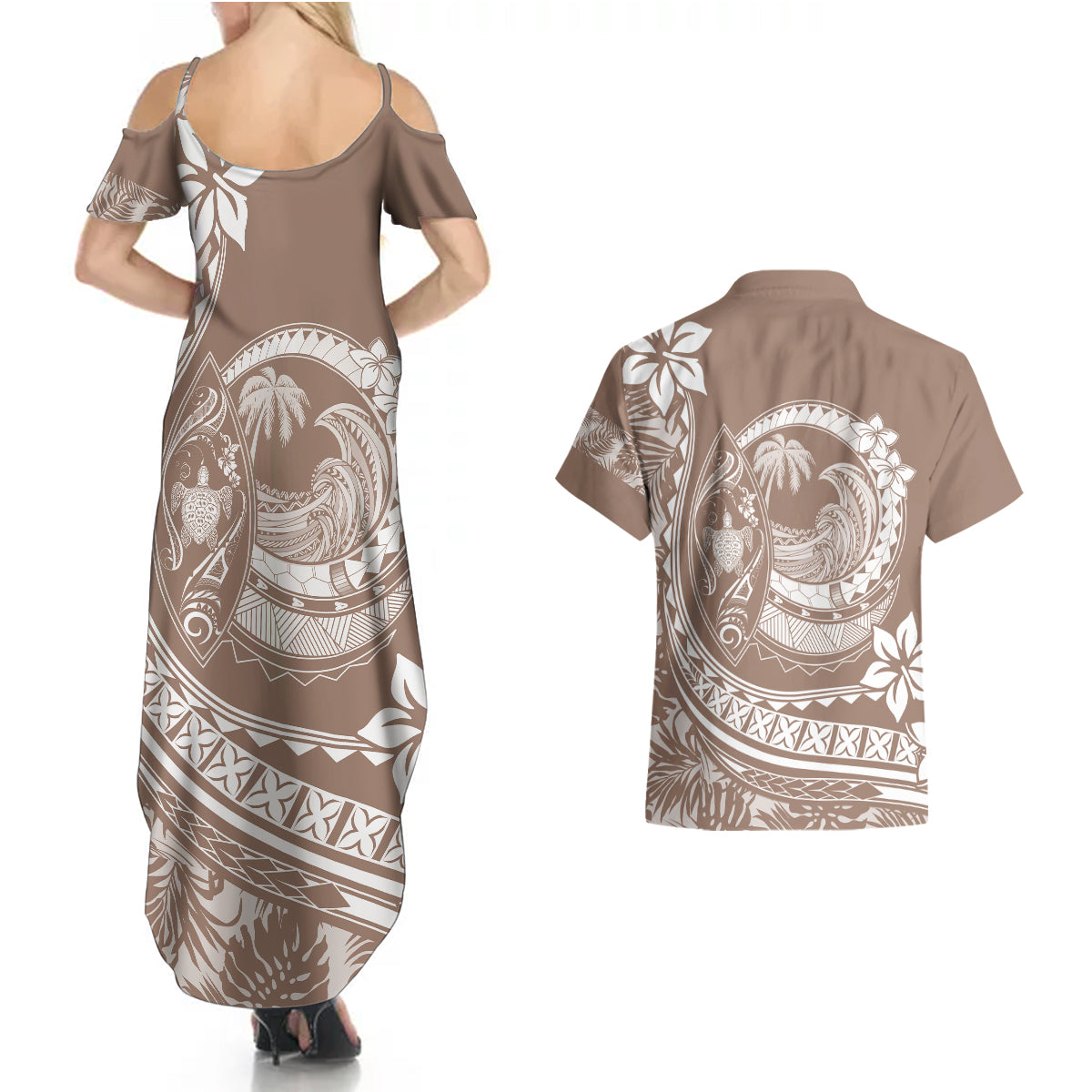 Polynesian Plumeria Couples Matching Summer Maxi Dress and Hawaiian Shirt Ride The Waves - Beige LT7 - Wonder Print Shop