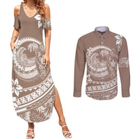 Polynesian Plumeria Couples Matching Summer Maxi Dress and Long Sleeve Button Shirts Ride The Waves - Beige LT7 - Wonder Print Shop