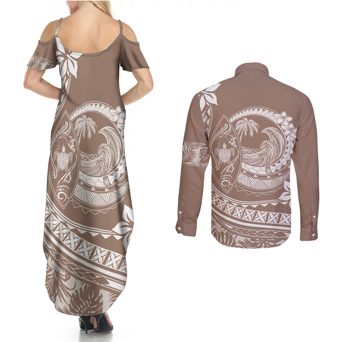Polynesian Plumeria Couples Matching Summer Maxi Dress and Long Sleeve Button Shirts Ride The Waves - Beige LT7 - Wonder Print Shop
