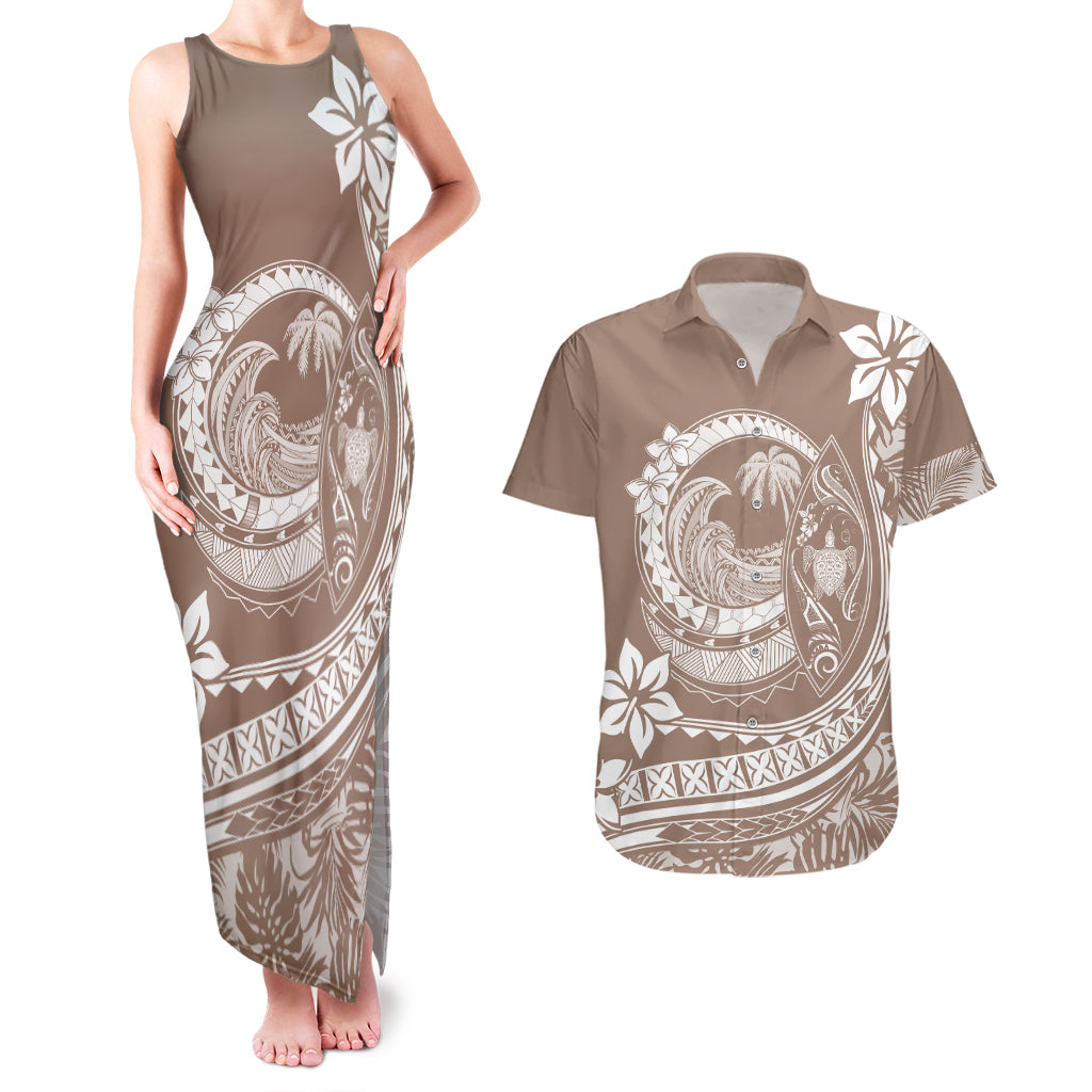 Polynesian Plumeria Couples Matching Tank Maxi Dress And Hawaiian Shirt Ride The Waves - Beige LT7 - Wonder Print Shop