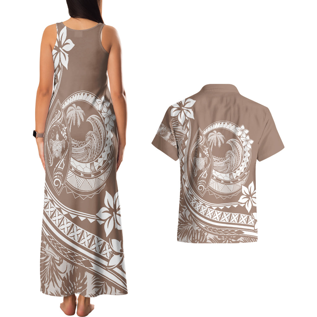 Polynesian Plumeria Couples Matching Tank Maxi Dress And Hawaiian Shirt Ride The Waves - Beige LT7 - Wonder Print Shop