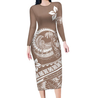 Polynesian Plumeria Long Sleeve Bodycon Dress Ride The Waves - Beige - Wonder Print Shop