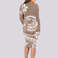 Polynesian Plumeria Long Sleeve Bodycon Dress Ride The Waves - Beige - Wonder Print Shop