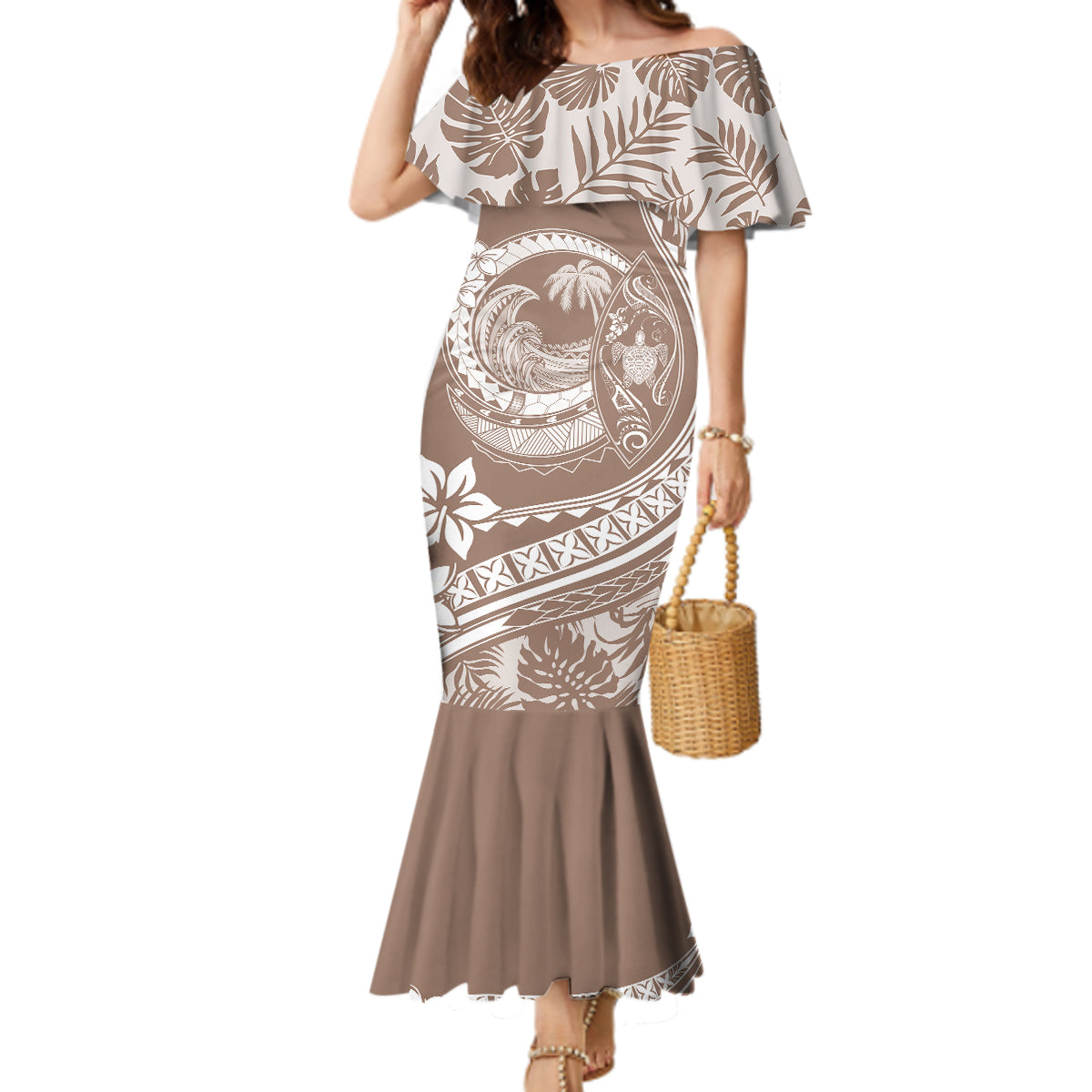 Polynesian Plumeria Mermaid Dress Ride The Waves - Beige - Wonder Print Shop
