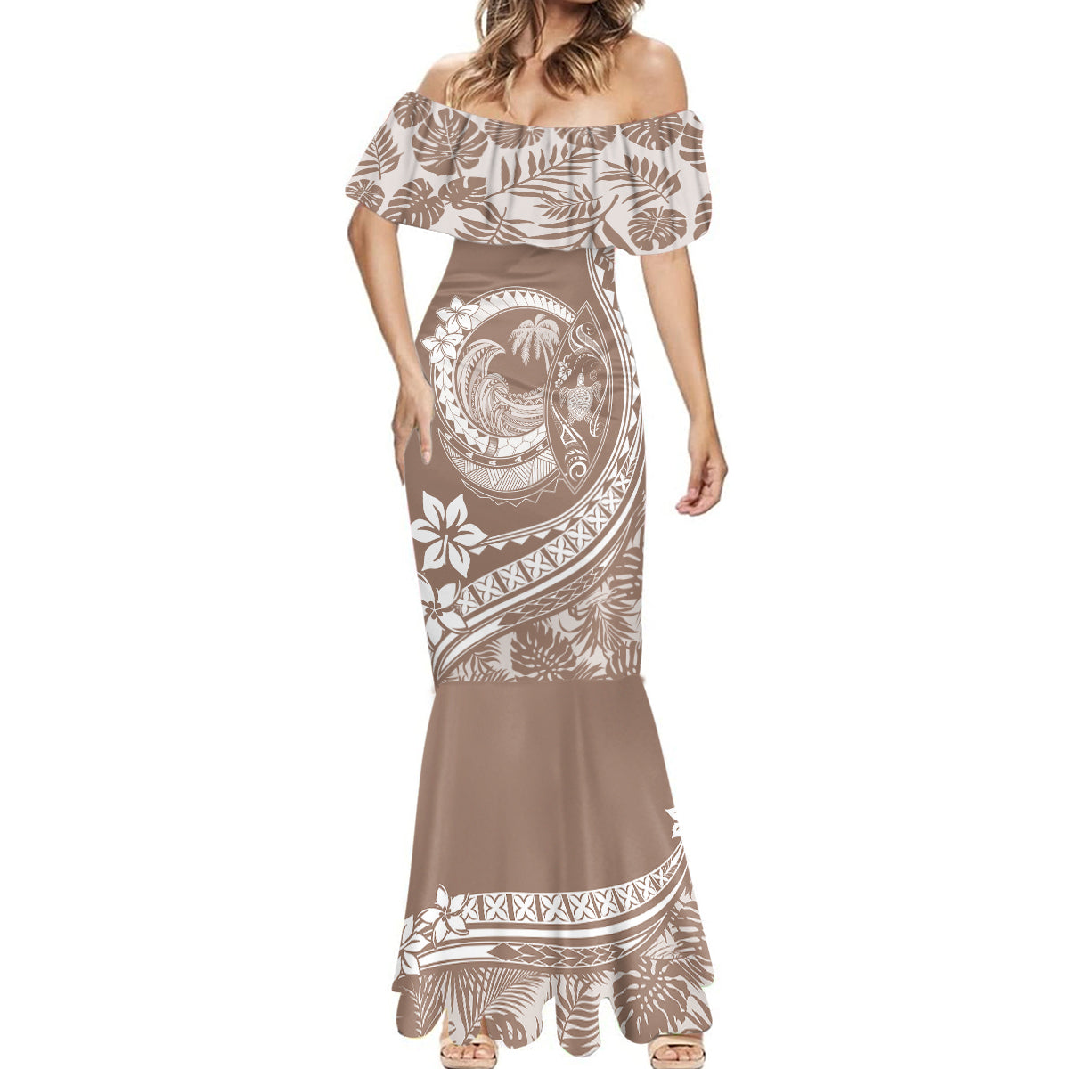 Polynesian Plumeria Mermaid Dress Ride The Waves - Beige - Wonder Print Shop