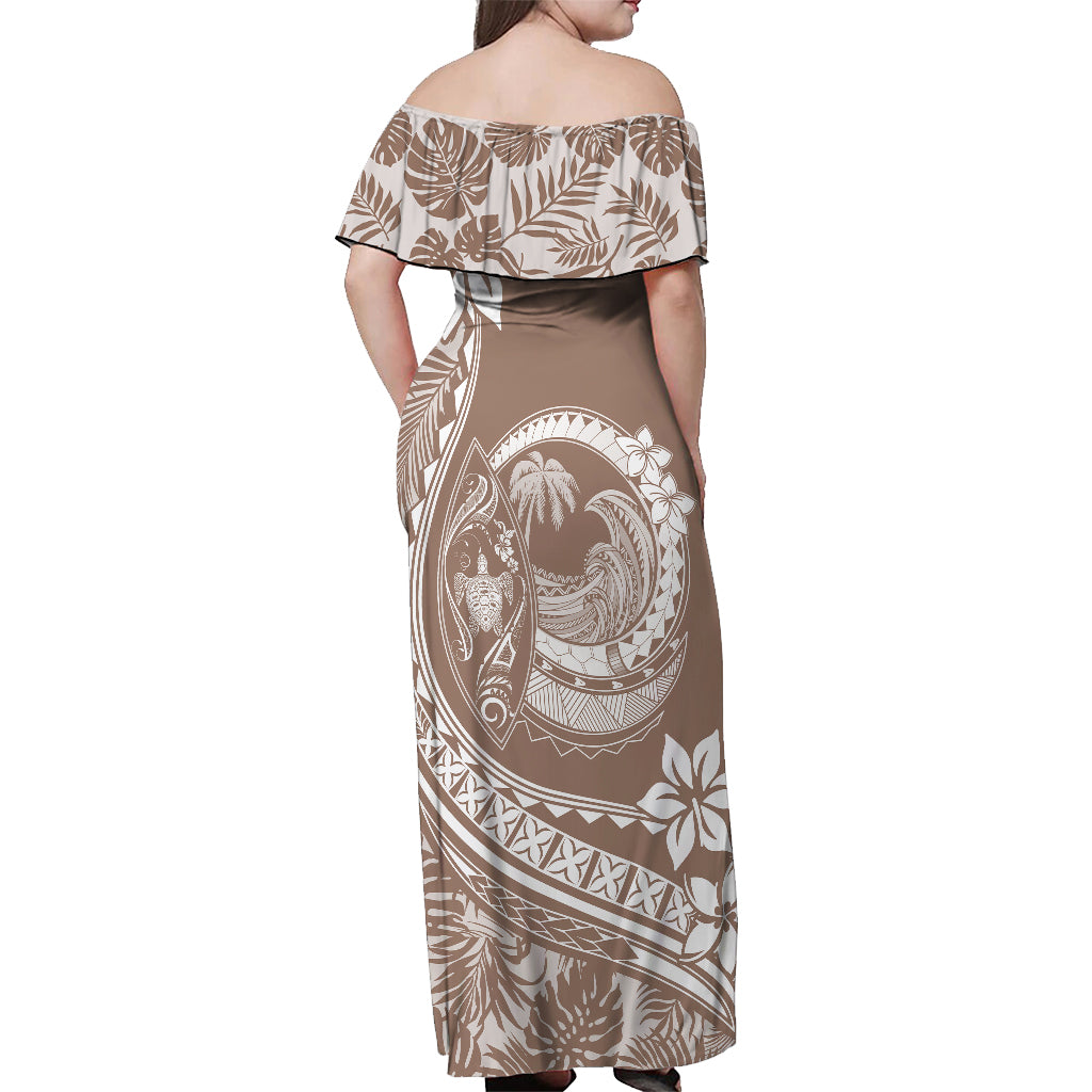 Polynesian Plumeria Off Shoulder Maxi Dress Ride The Waves - Beige - Wonder Print Shop