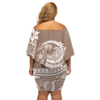 Polynesian Plumeria Off Shoulder Short Dress Ride The Waves - Beige - Wonder Print Shop