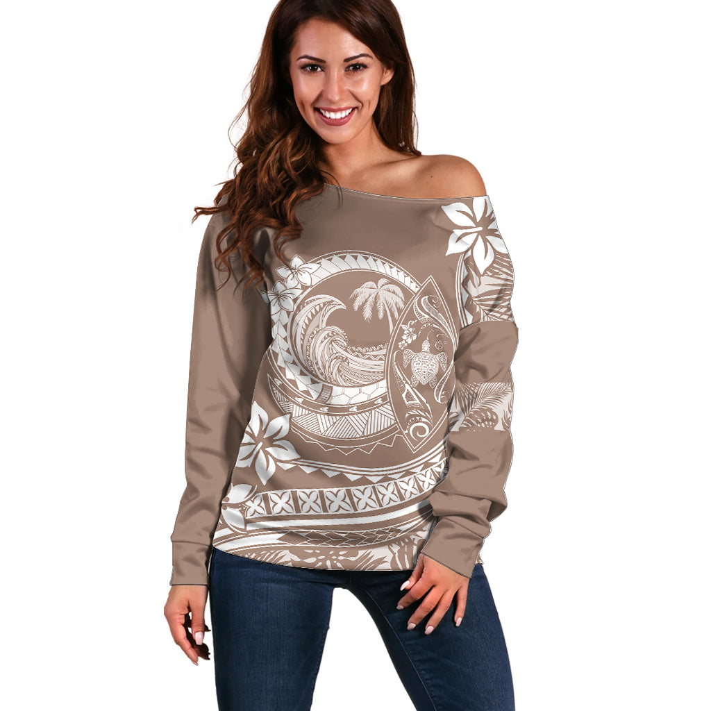 Polynesian Plumeria Off Shoulder Sweater Ride The Waves - Beige - Wonder Print Shop