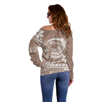 Polynesian Plumeria Off Shoulder Sweater Ride The Waves - Beige - Wonder Print Shop
