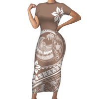 Polynesian Plumeria Short Sleeve Bodycon Dress Ride The Waves - Beige - Wonder Print Shop