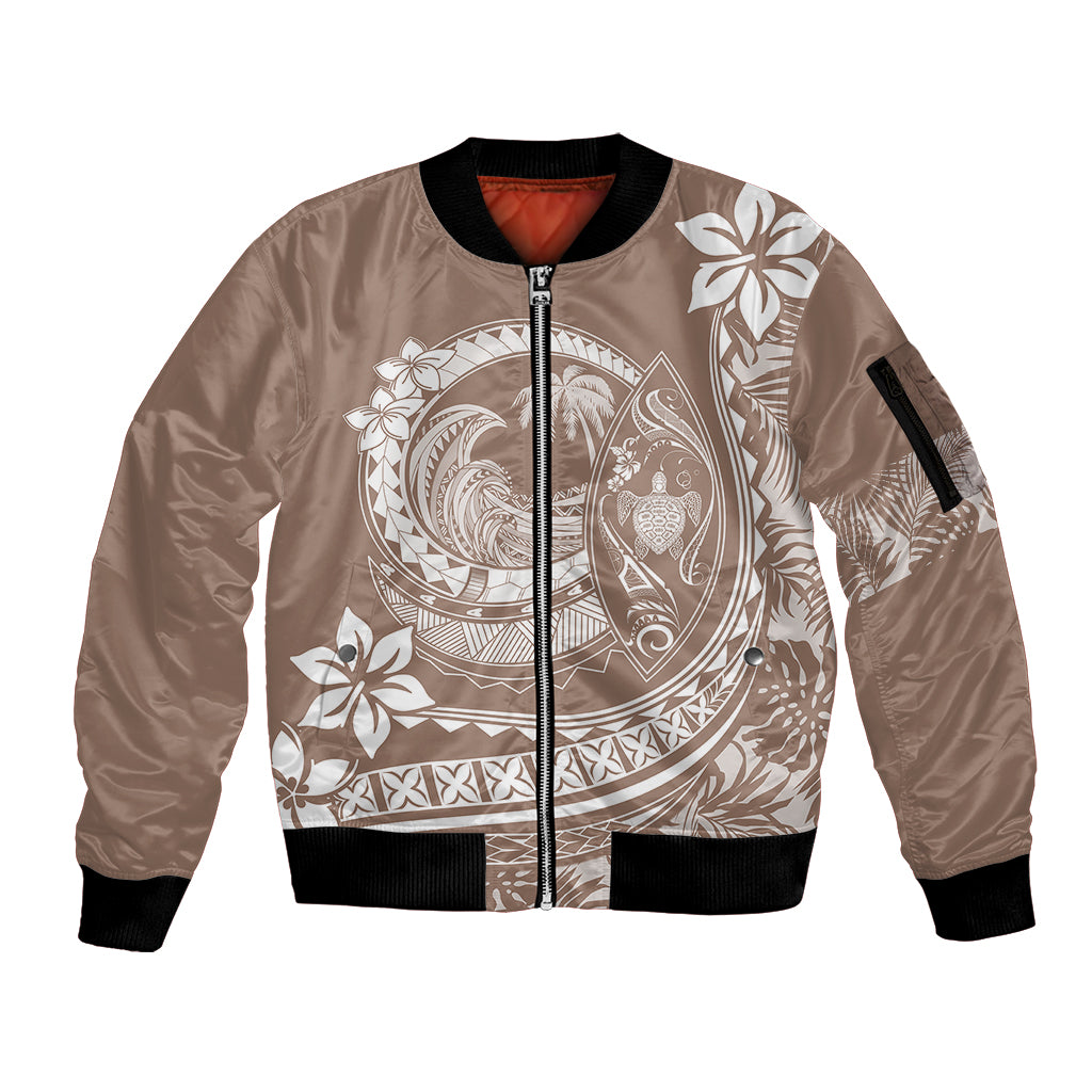Polynesian Plumeria Sleeve Zip Bomber Jacket Ride The Waves - Beige - Wonder Print Shop