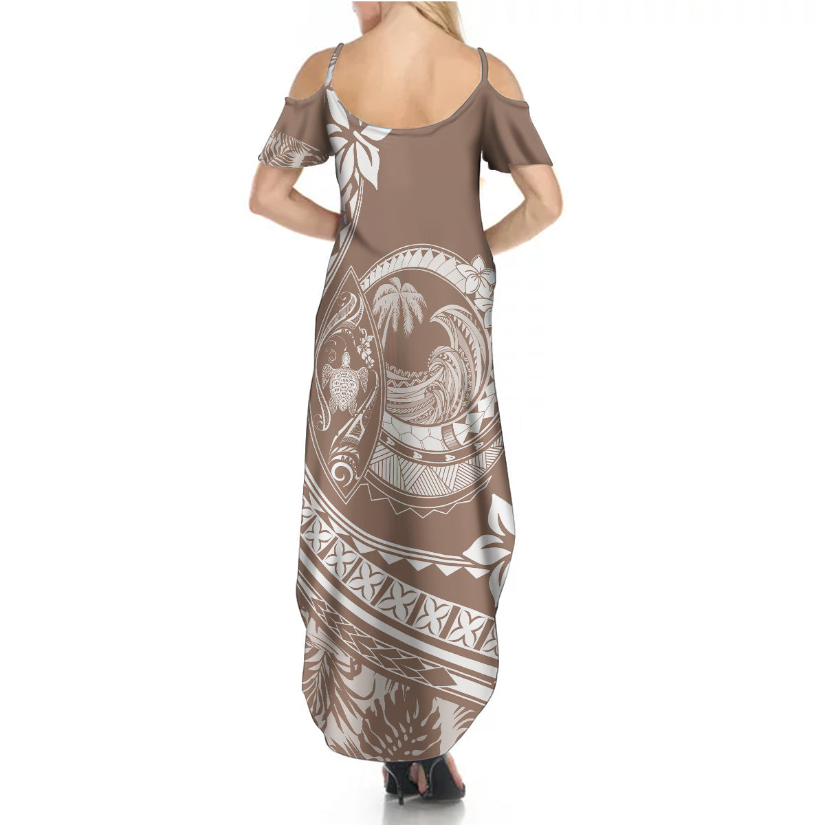 Polynesian Plumeria Summer Maxi Dress Ride The Waves - Beige - Wonder Print Shop
