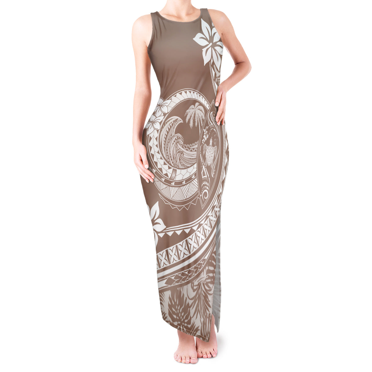 Polynesian Plumeria Tank Maxi Dress Ride The Waves - Beige - Wonder Print Shop