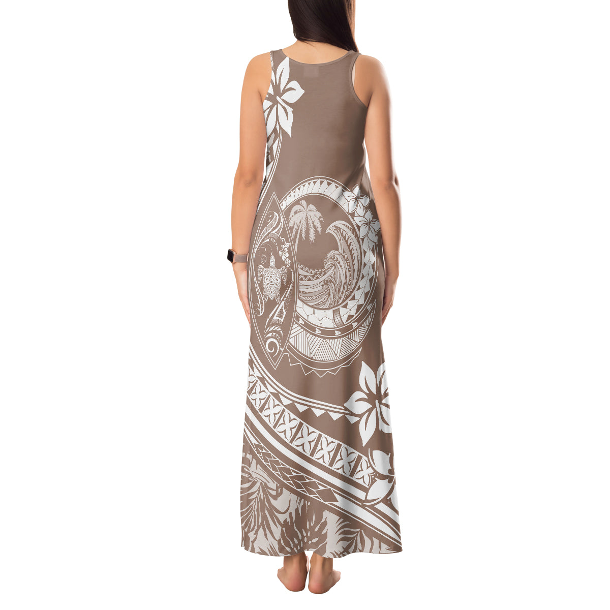 Polynesian Plumeria Tank Maxi Dress Ride The Waves - Beige - Wonder Print Shop