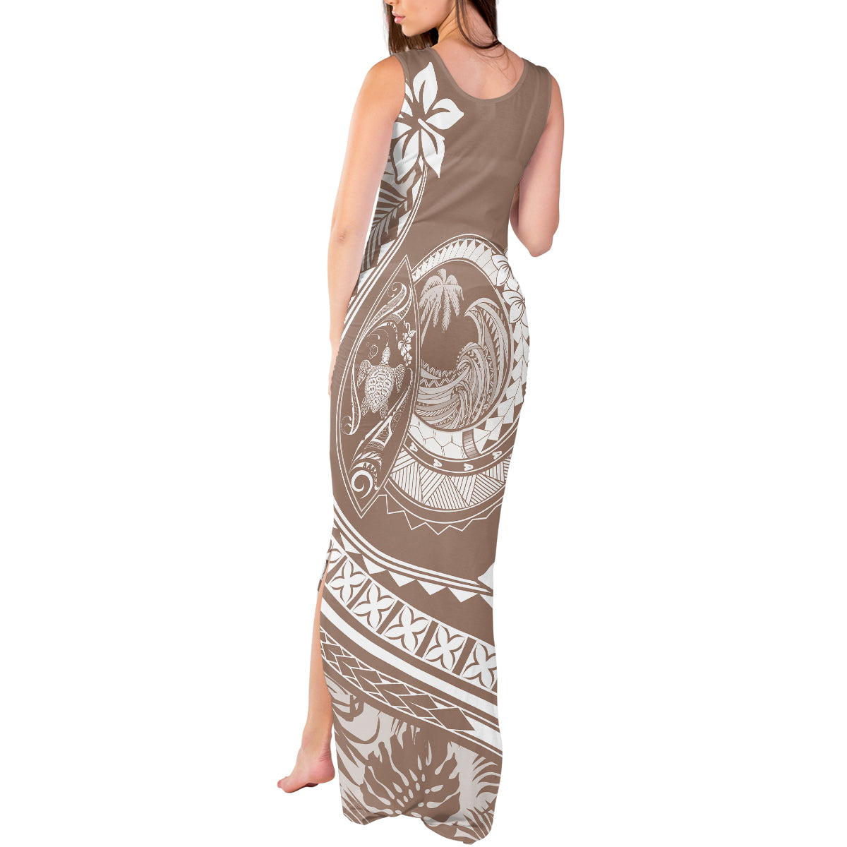 Polynesian Plumeria Tank Maxi Dress Ride The Waves - Beige - Wonder Print Shop